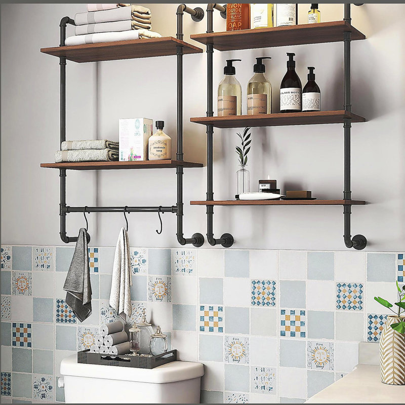 Industrial Pipe Shelf 3 Tier and 2 Tier Wall Mounted Shelves  36in Wood Display Shelves, and 3 additional hooks,Farmhouse Kitchen Bar Shelf, DIY Bookshelf Unit Hanging Wall Shelves for Bedroom...