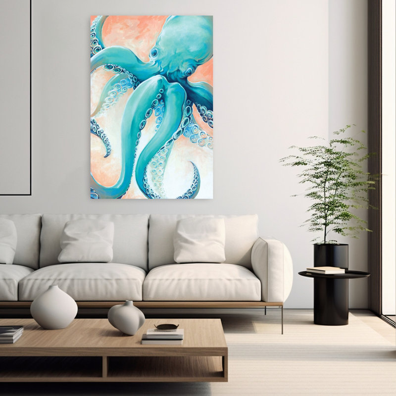 Aigue-marine, pieuvre, pieuvre, art côtier, H 60 po x l 40 po