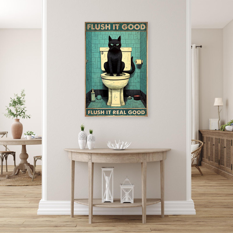 «Black Cat In Toilette Flush It Good», reproduction d'art graphique sur toile tendue 1 pièce | 0207