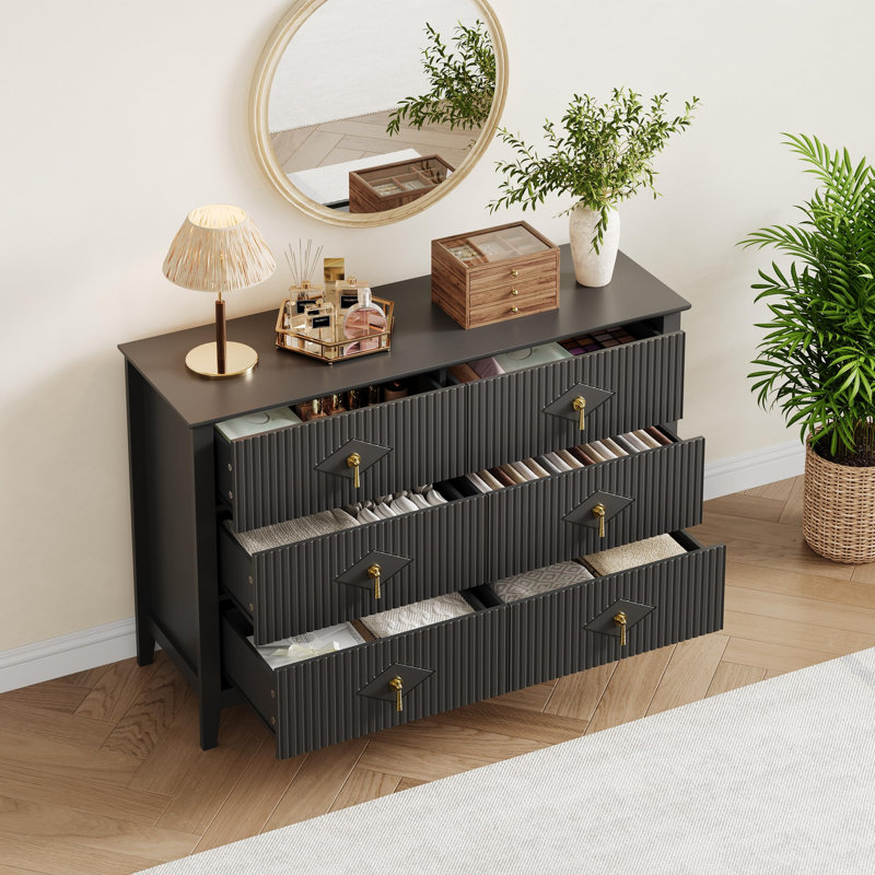 54" Extra Wide Modern Fluted 6-Drawer Wood Dresser with Metal Handles Storage Cabinet for Bedroom Living Room Hallway Entryway Easy Assembly - Black