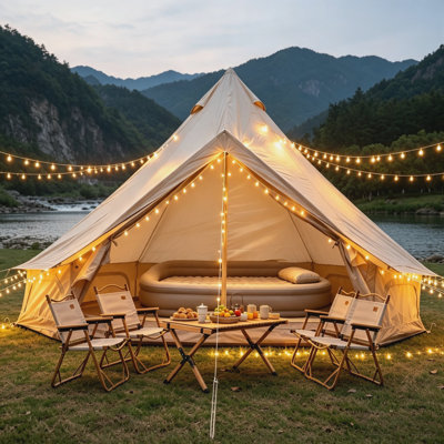 4‑Season Oxford Bell Glamping Tent, Yurt‑Style Hot Camping Tent with Stove Jack, Beige Family Outdoor Shelter
