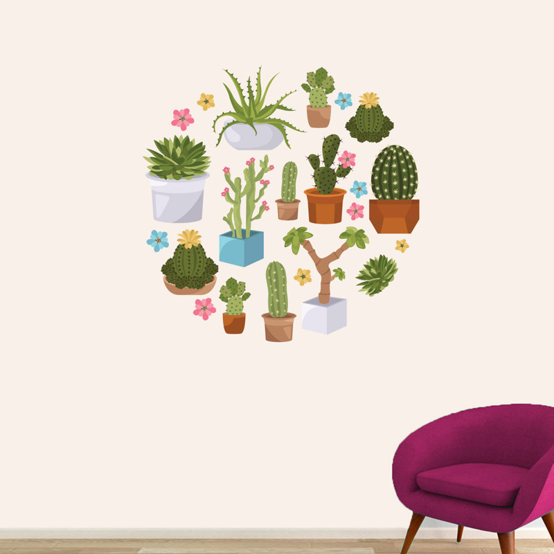 Décalcomanie murale plantes grassess et cactus imprimés, H 36 po x l 36 po