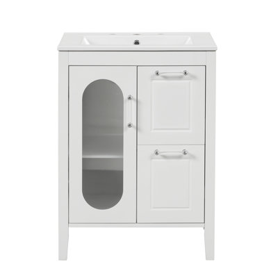 Meuble-lavabo 24 po avec lavabo, meuble-lavabo avec deux tiroirs et porte, tablette réglable, bois massif et panneau de fibres à densité moyenne