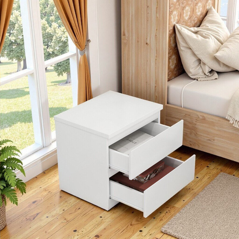 Table de chevet sans poignée avec 2 tiroirs, plateau épaissi, armoire de rangement pour chambre à coucher et salon, Blanc
