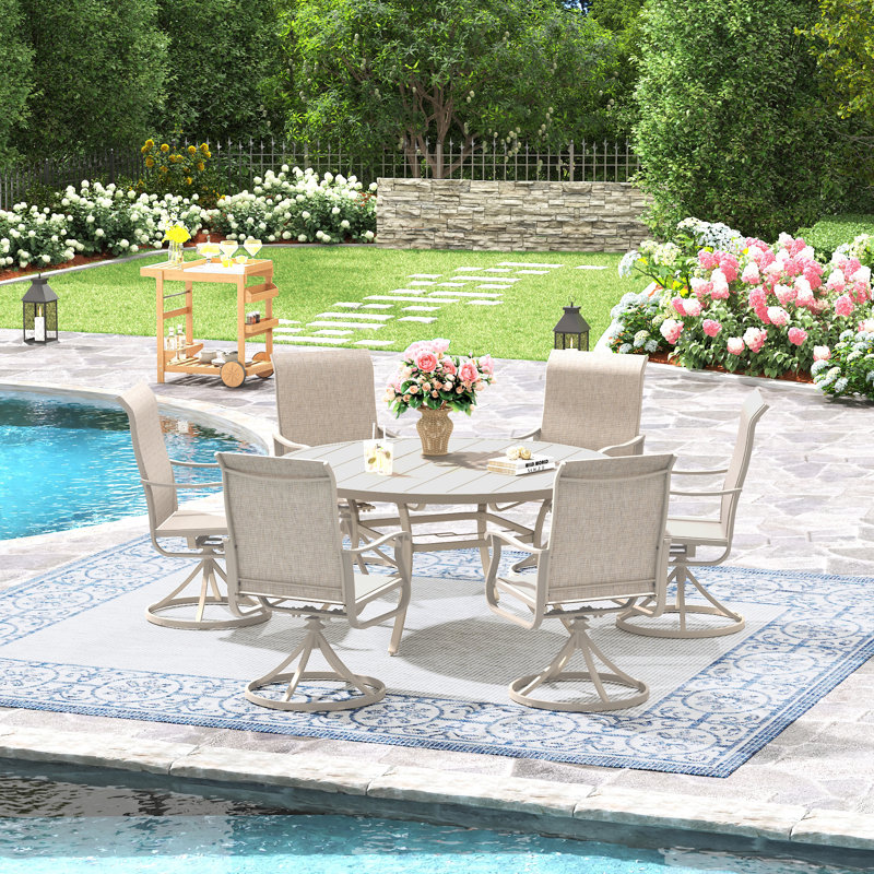 6-Person Patio Dining Set with 53" Round Metal Dining Table and 6 Swivel PVC-coated polyester Chairs, Cream/Sandshell