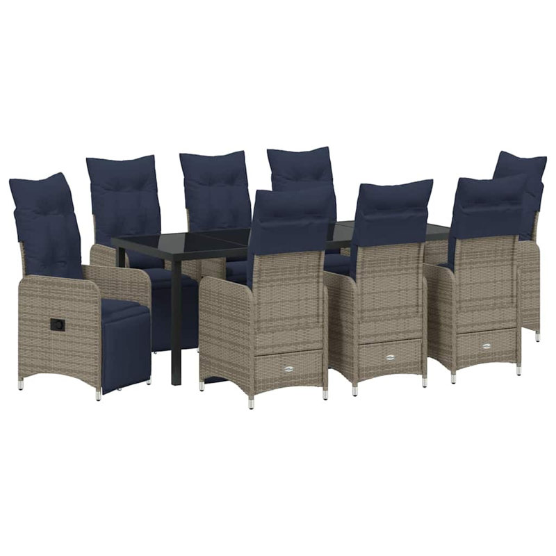 Ensemble de table et de chaises avec coussin 9 pièces PE rotin gris, 28.74" H x 78.74" W x 31.5" D, 8