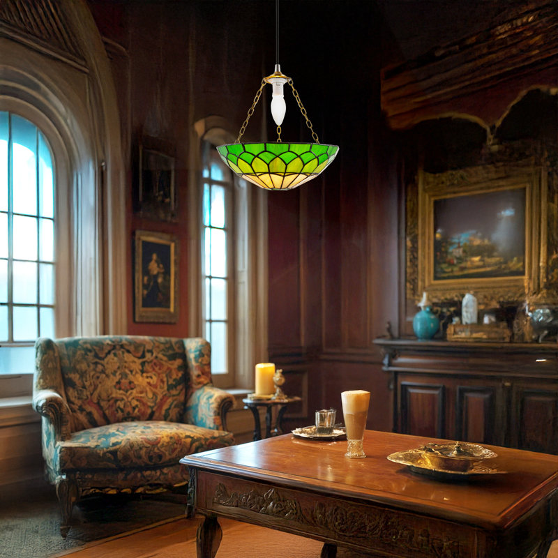 Stained Glass Domed Tiffany Pendant Lamp Shade With Chain By, Green