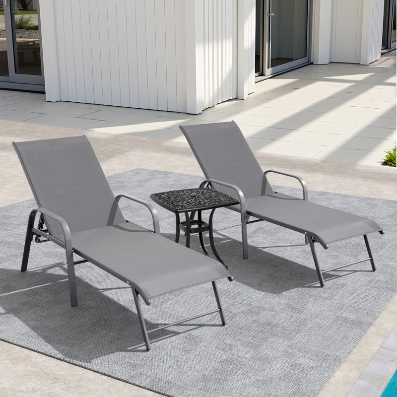 Aluminum Outdoor Chaise Lounge With Square Table, Light Gray