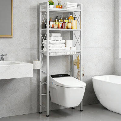 Over The Toilet Storage With X Shape Side Guardrail, 3-Tier Rack With Drain Basket, Freestanding Bathroom Organizer, Pure White