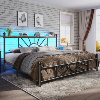 Vintage Metal Bed Frame with LED Lights, Storage Headboard & 10.2" Under Bed Storage, Noise-Free Sturdy Platform Bed