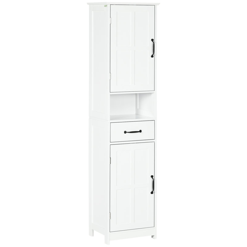 Rangement mince en lin - Armoire de salle de bain haute avec tablette ouverte, tiroir, portes encastrées et tablettes réglables, tablettes blanches