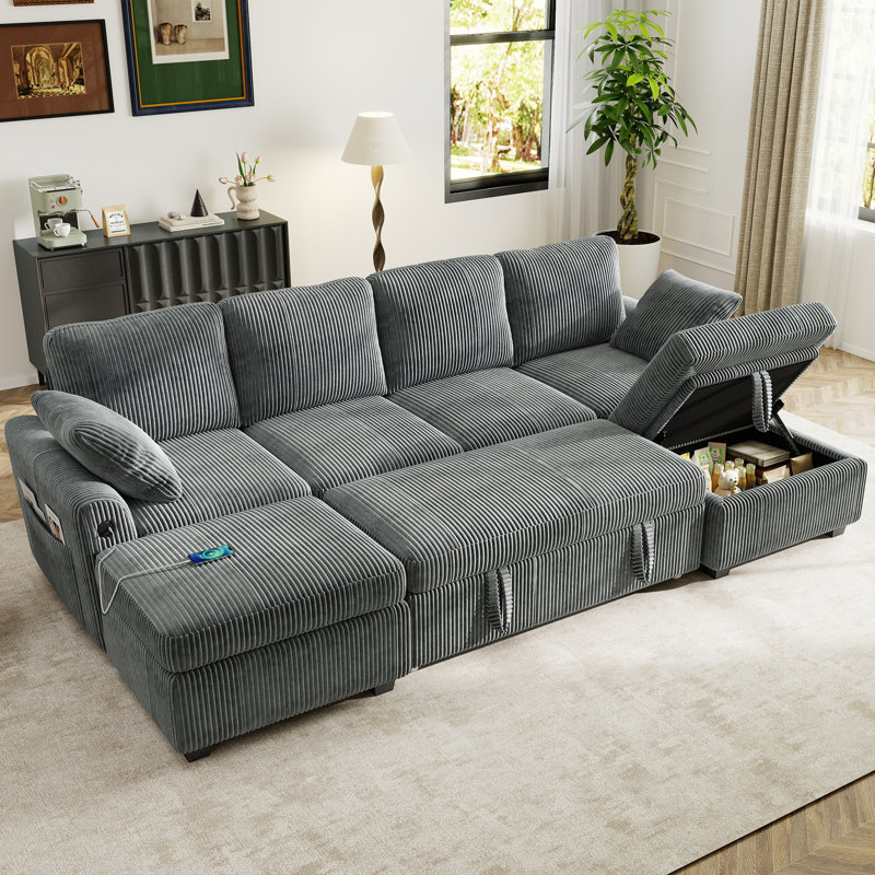 Macleod 104" Upholstered Corduroy U Shaped Modular Sectional Sleeper Sofa with Pull Out Bed and Two Storage Ottomans, Gray