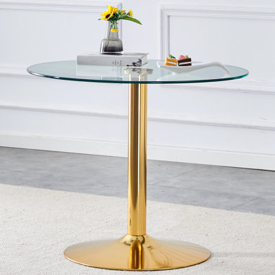 A 35-Inch Diameter Glass Top And A Modern, Minimalist Round Dining Table With Metal Legs. Ideal For Dining Rooms, Living Rooms And Meeting Rooms.