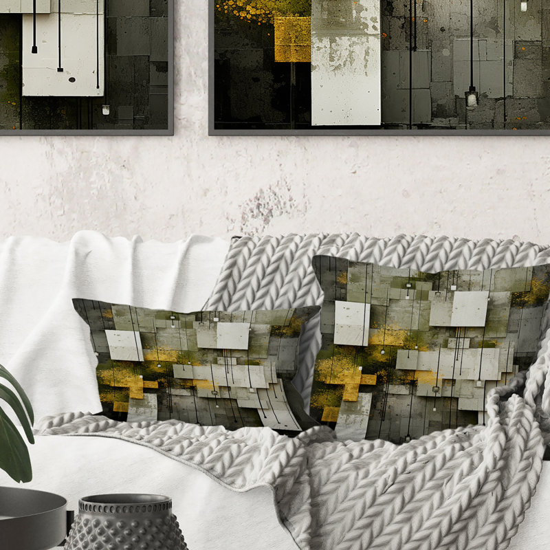 Abstrait géométrique en gris et jaune - Coussin décoratif à imprimé géométrique abstrait