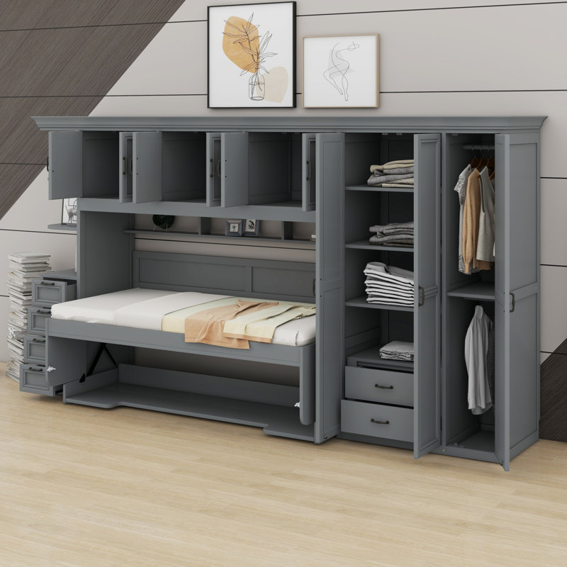 Lit escamotable mural avec garde-robe, armoire et bureau Murphy, Gris