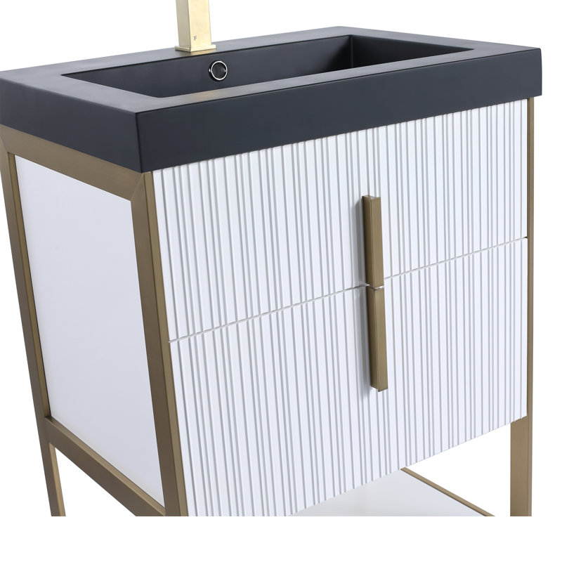  Meuble-lavabo moderne avec plateau en gel acrylique noir Serenity, Laiton / blanc, 24", Noir