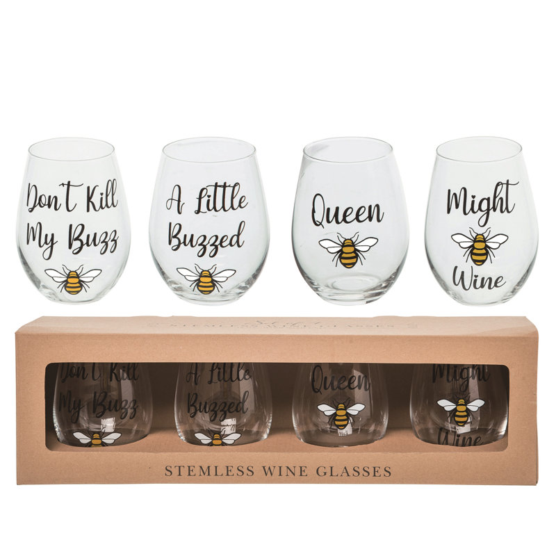 Glass Set Vip August Grove® VIP Glass 4.9 in. Clear Bee Wine Glasses Set of 4 | Wayfair