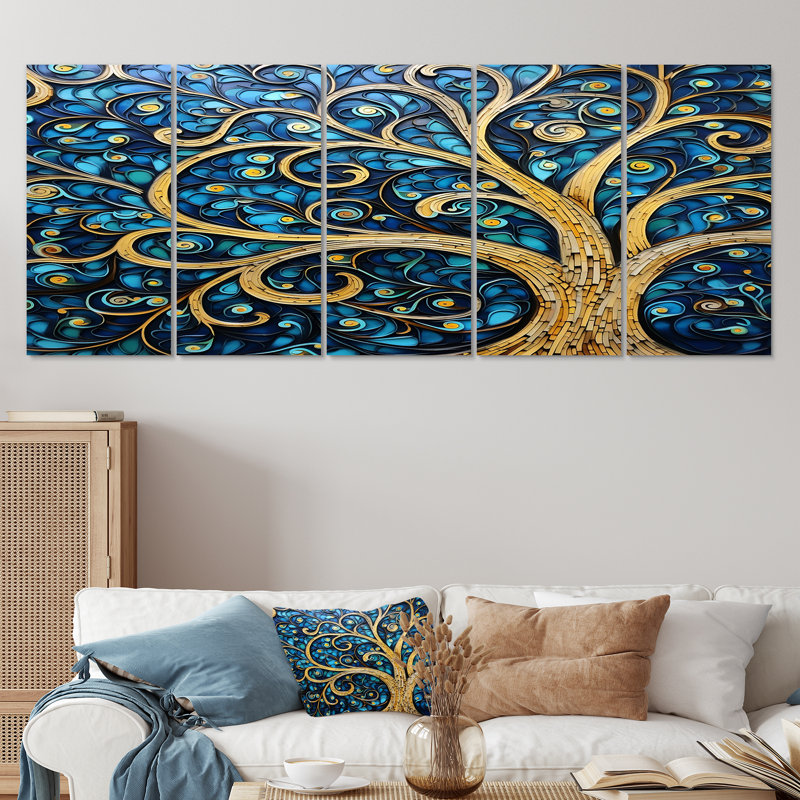 «Whirling Art Nouveau Tree Teal Blue Sky», art mural arbre 5 pièces, H 28 po x l 60 po