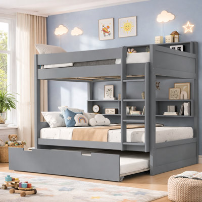 Kids Bunk Bed With Trundle, Space-Saving Storage Design, Wood, Built-In Shelves, Modern & Contemporary, Bedroom
