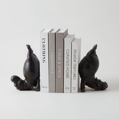 Ensemble de 2 serre-livres hippopotames, porte-livres en résine animalière excentrique, finition mate bronze foncé, décoration de tablette lourde pour bureau à domicile, salon et bibliothèque
