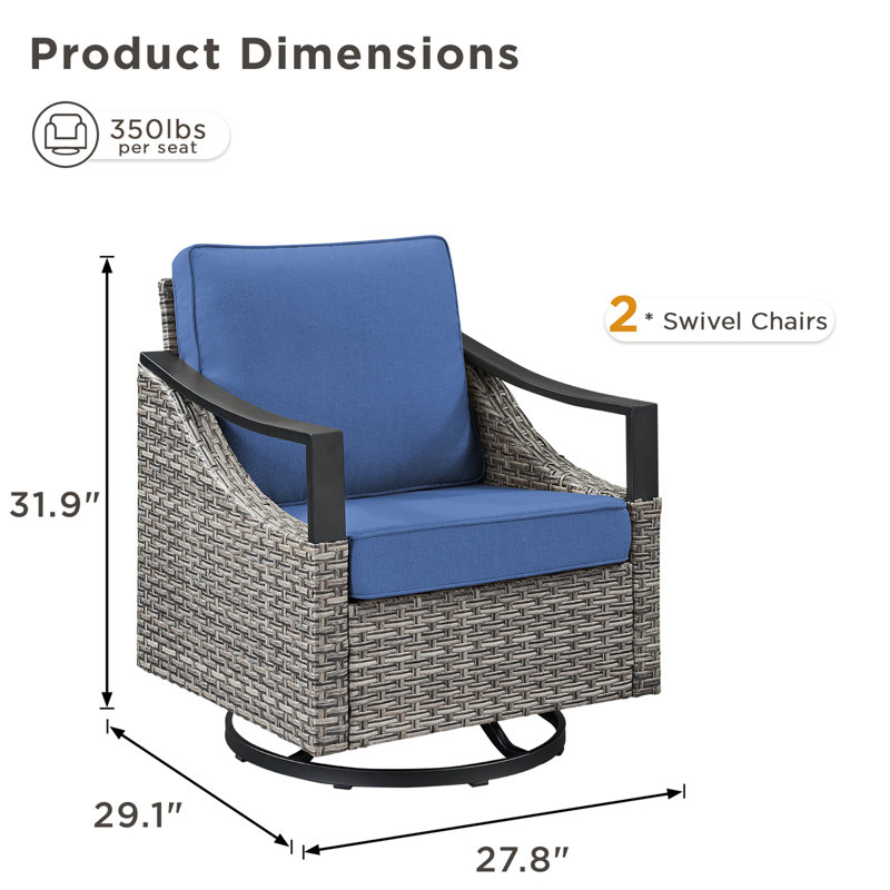 Ensemble de 2 chaises berçantes d'extérieur pivotantes et berçantes d'extérieur en osier gris avec coussins bleus pour le porche ou la cour
