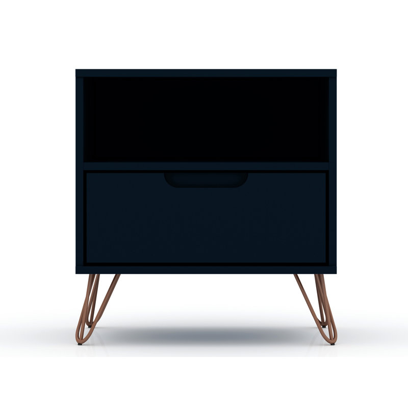 Table de chevet 1 tiroir Mid-Century moderne bleu Mid-Century Rockefeller, Bleu minuit Tatiana