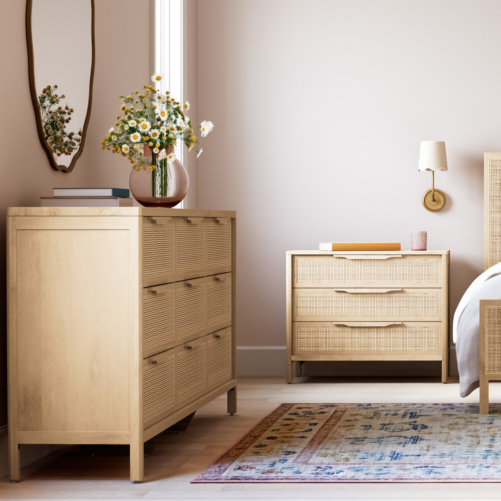 Nellie 9 Drawer Cane Dresser, Natural Mango