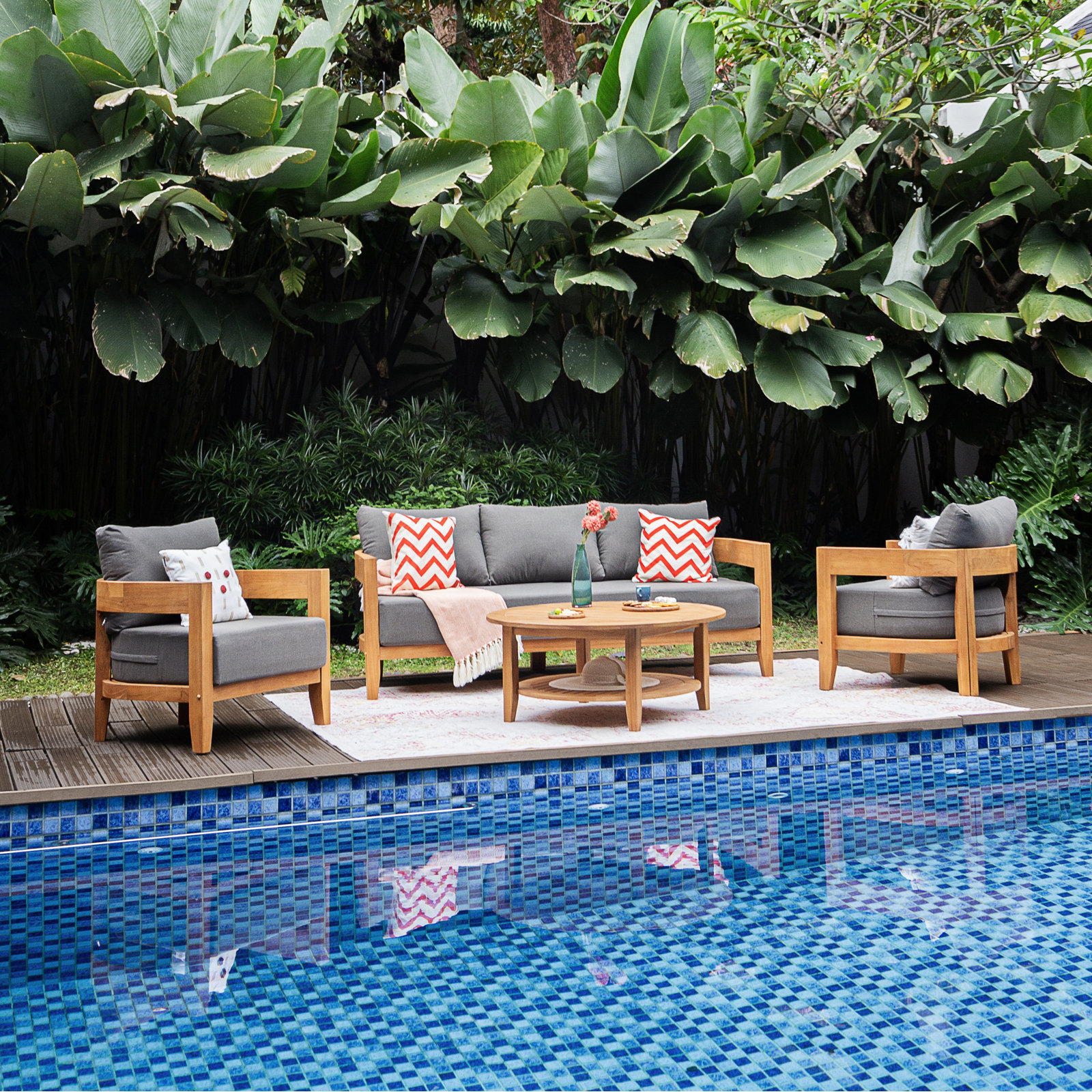 Keaton 5-Person Teak Outdoor Conversation Set With Cushions, Gray