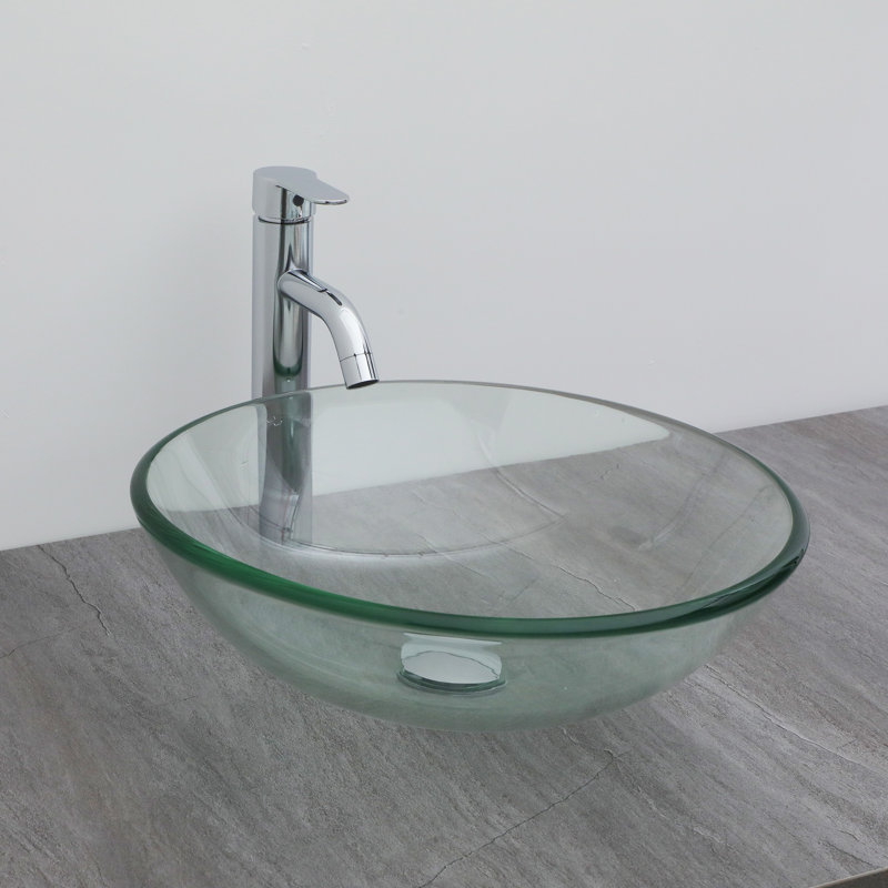 16-1/2 in. Above Counter Elegant Clear Cricle Glass Vessel Basin Round Bathroom Vessel Sink with Chrome Faucet and Pop-up Drain
