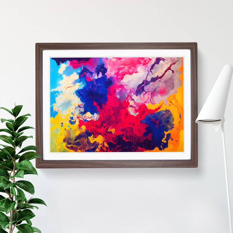 Colourful Ink Art Abstract - Print, Walnut Framed, 46cm H x 64cm W x 2cm D