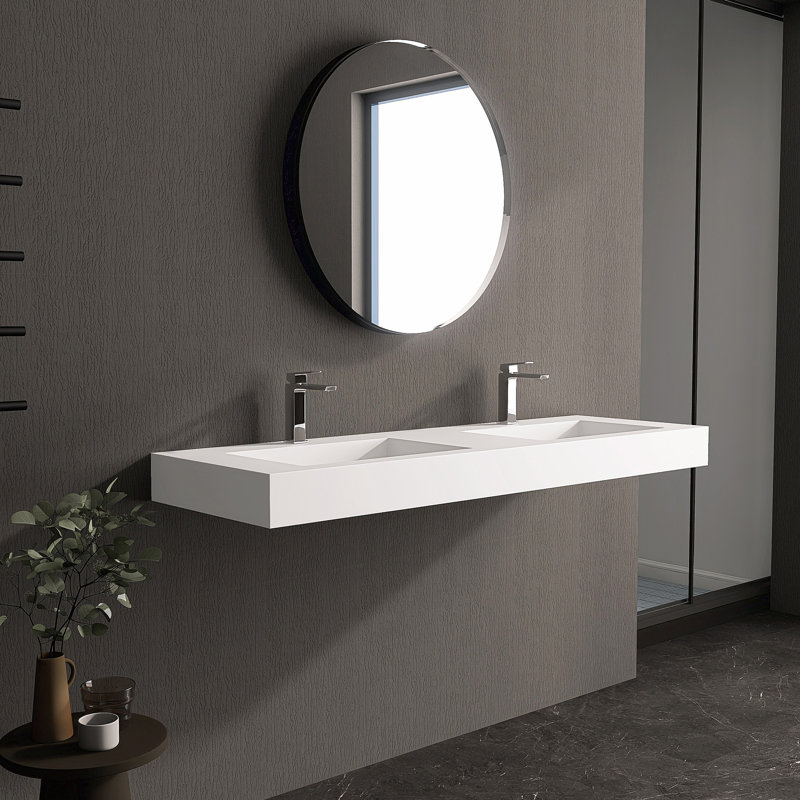 59'' Rectangular Stone Resin Double Bathroom Sink With Faucet Holes, White