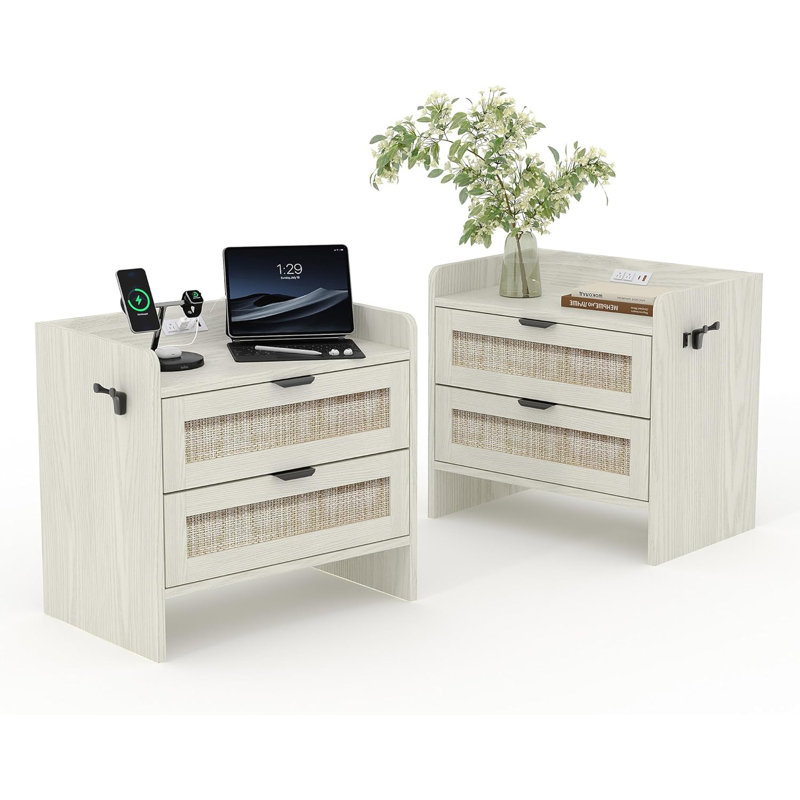 Ensemble de 2 tables de chevet en rotin, table de chevet Boho avec station de charge USB et tiroirs de rangement, table de bout ou table d'appoint pour chambre à coucher, bureau, salon