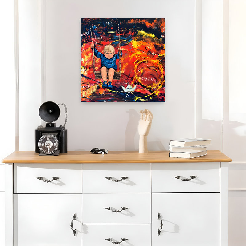 Garçon sur une balançoire colorée, art abstrait expressionniste coloré, 18" H x 18" W
