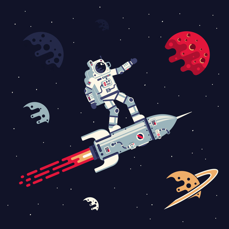 L'astronaute en combinaison spatiale vole debout sur une fusée dans l'espace parmi les planètes et les étoiles