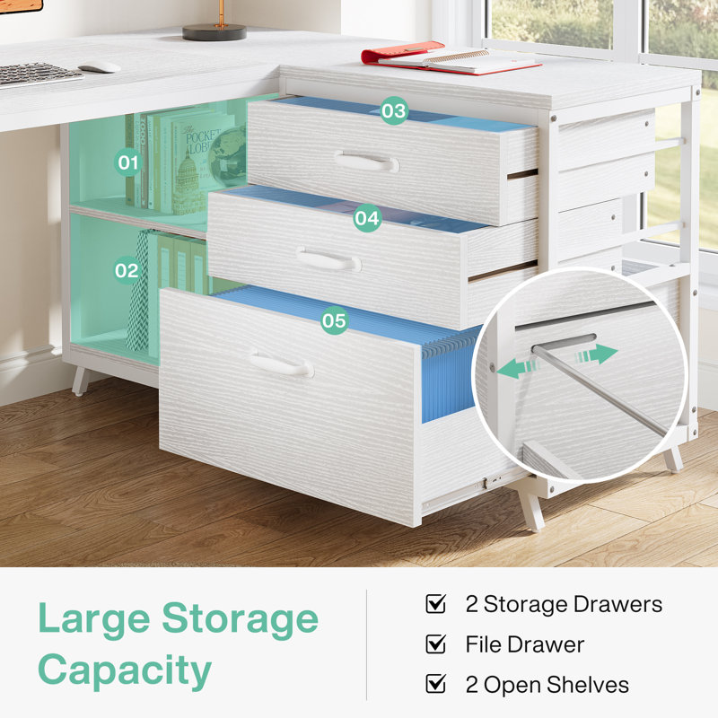 53" L Shaped Home Office Desk, Reversible Corner Computer Desk With 3 File Drawers And 2 Storage Shelves, White