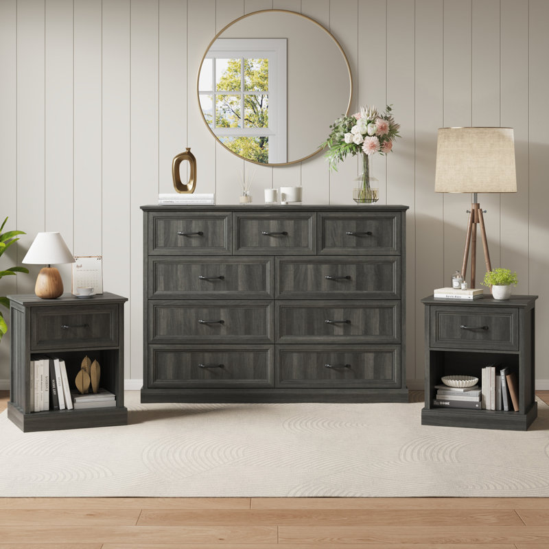 Ensemble de chambre à coucher 3 pièces - Commode 9 tiroirs et 2 tables de chevet avec tiroir, Gris