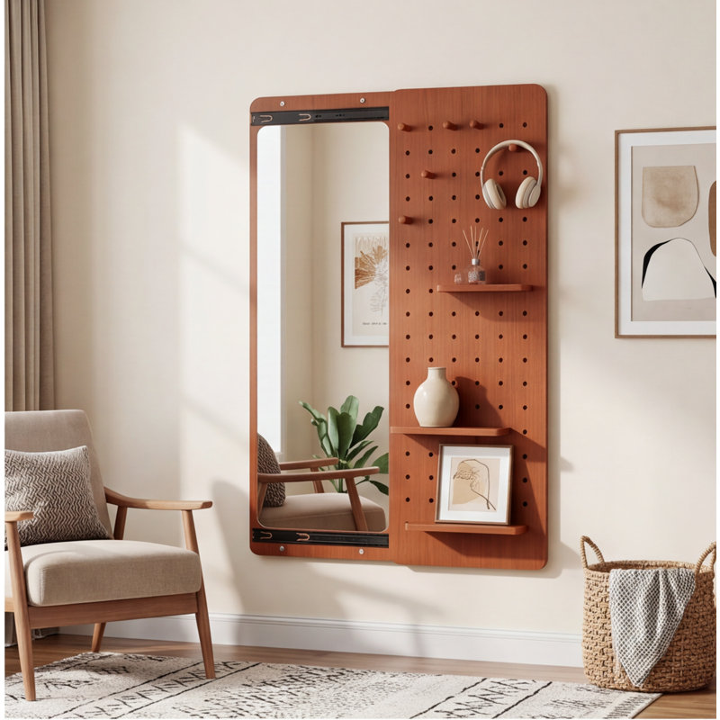 Miroir mural 47,6 "x 15,5" en cerisier pleine longueur avec panneaux coulissants, tablette et crochets