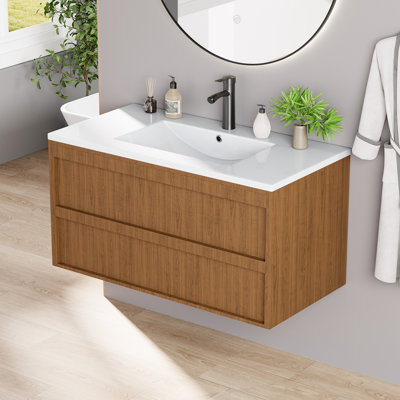 36" Wall-Mounted Bathroom Vanity with Sink – Floating Vanity Cabinet with 2 Spacious Storage Drawers, Includes White Ceramic Sink, Faucet, and Drain