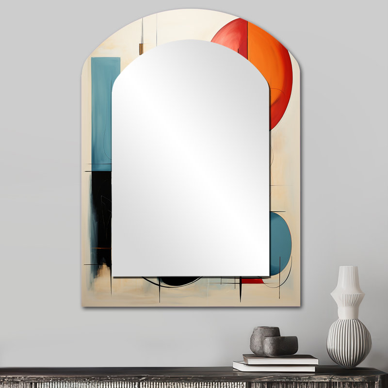 Coloré Mid Century Dynamic Duality II - miroir asymétrique moderne de style Mid-Century, miroir mural décoratif arche moderne, impression d'art en métal