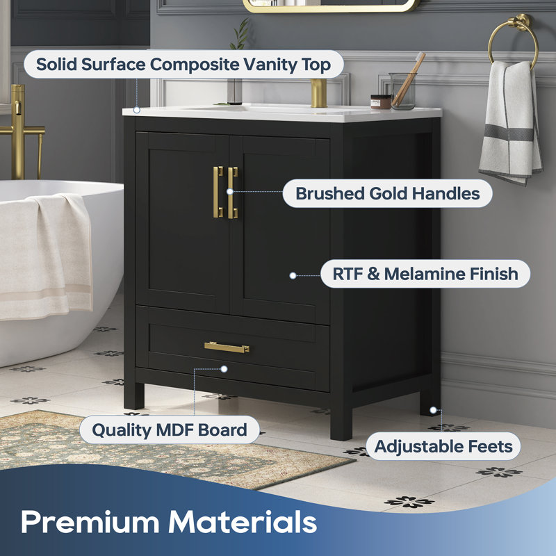 Korde Freestanding Single Bathroom Vanity With Solid Surface Composite Top, Black, 31"