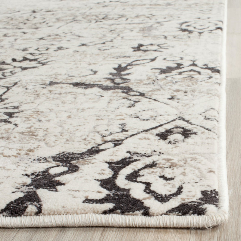 Florence-Graham Pp Viscose Cotton Weft + Warp Latex Floral Rug in Charcoal/Cream, Rectangle 3' x 5'