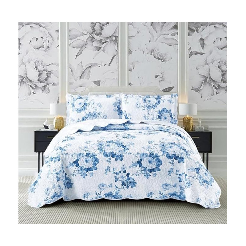 Andrena Microfiber Bedspread with Pillow Shams, Teal, Floral, Super King Bedspread + 2 Standard Pillow Shams