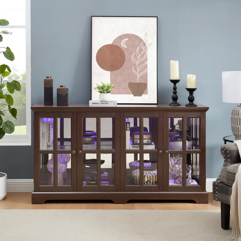 59.06''W Display Cabinet With Adjustable Shelf For Book And Collection Storage And LED Light(Cherry), Cherry