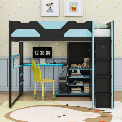 Full Wood Loft Bed With LED Light, Storage Shelves, Wardrobe, Desk And USB Charging Station