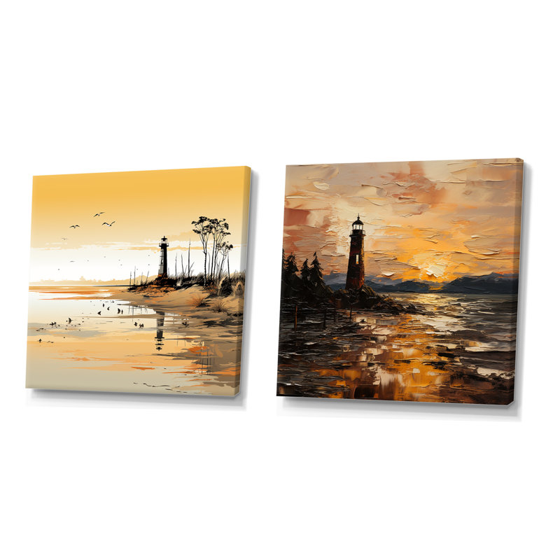 Phare Sunset Beacon I - Ensemble de 2 décorations murales coucher de soleil côtier, Toile tendue, H 16 po x l 33 po x P 1 po
