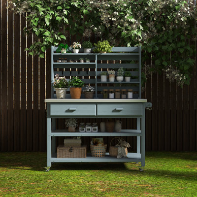 Outdoor Potting Bench Table With Lockable Wheels