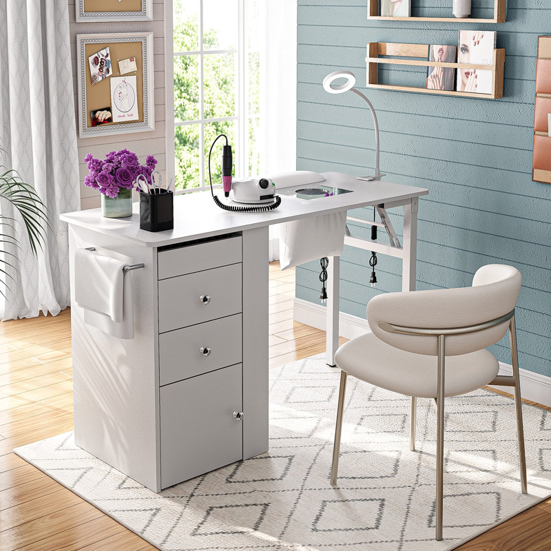 Foldable Manicure Table with Wrist Cushion and Dust Collector Portable Nail Desk Station for Home and Professional Use, White