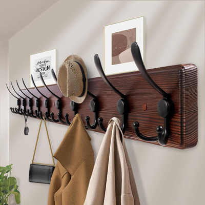 Wall Mounted Coat Rack With 10 Triple Hooks, Solid Pine Wood Plank And Heavy Duty Metal Hooks For Entryway, Bedroom, And Mudroom Organization
