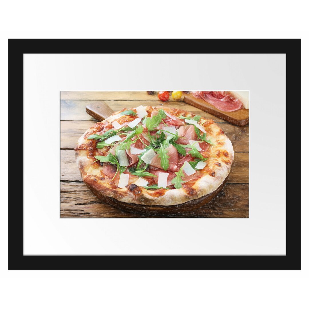 Gerahmtes Poster Prosciutto Pizza auf Holztisch