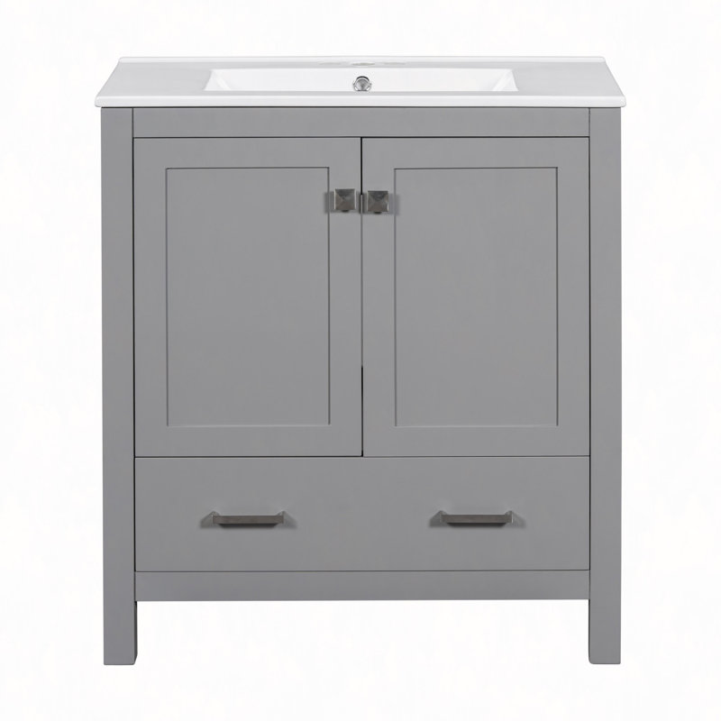 Meuble-lavabo de 30 po avec lavabo simple, meuble-lavabo encastré, armoire de rangement avec 2 portes et un tiroir, fermeture en douceur, rangement multifonctionnel, structure en bois massif